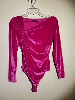 Zara Fuchsia Velvet Draped Long-Sleeve Bodysuit